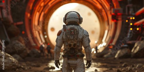 Back view of astronaut wearing space suit walking on a surface of a red planet. Martian base gate in the background. photo