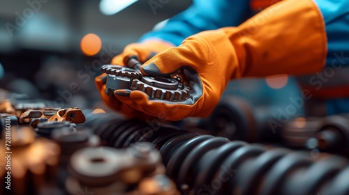 Close-up of mechanic hands in orange gloves holding a wrench.