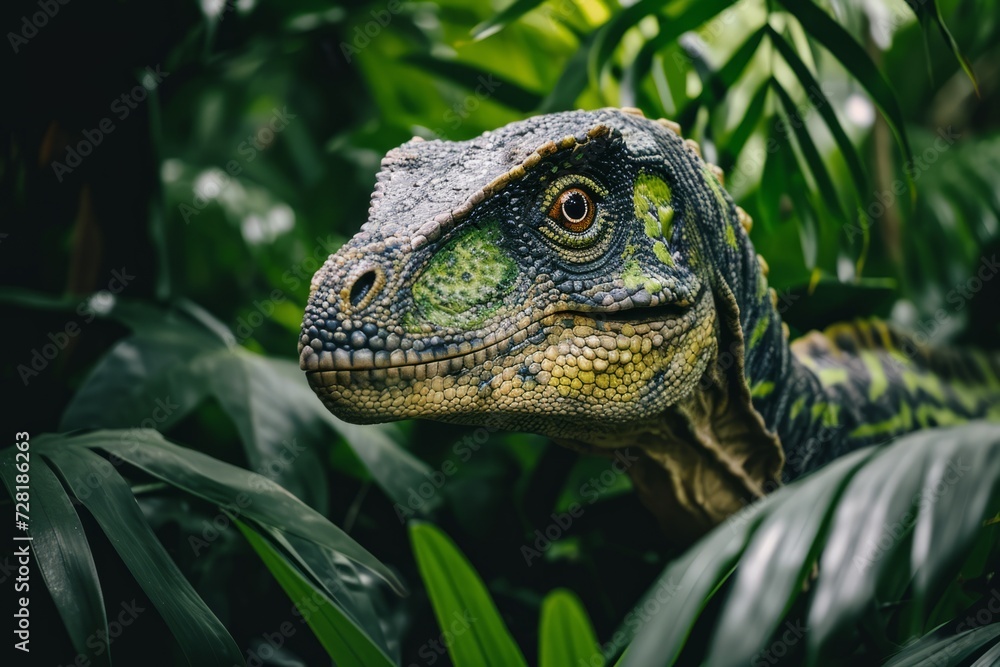 Obraz premium Close up of a green carnivorous dinosaur in a rainforest,
