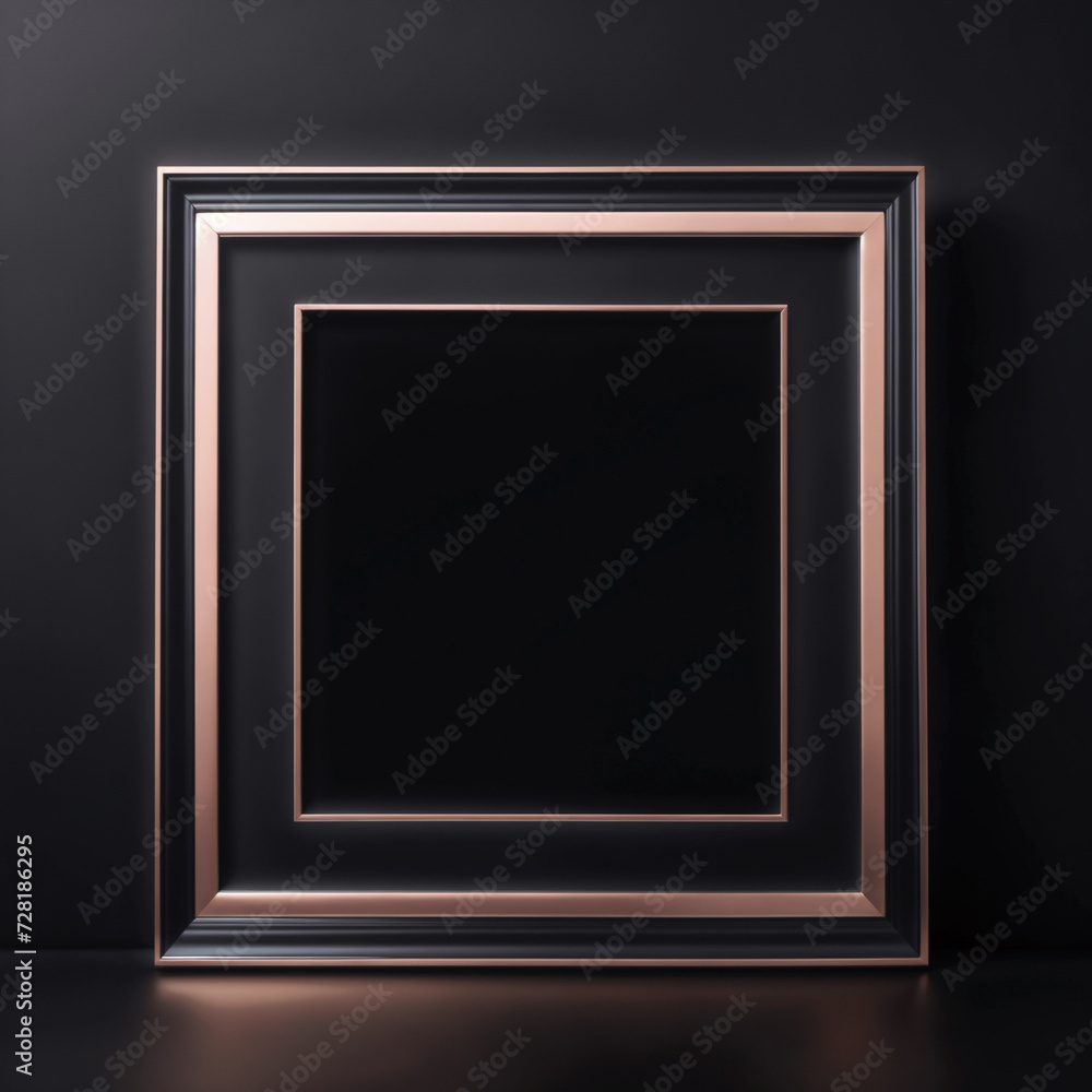A rose gold picture frame hangs on a black wall. ai generative A rose gold picture frame hangs on a black wall. ai generative