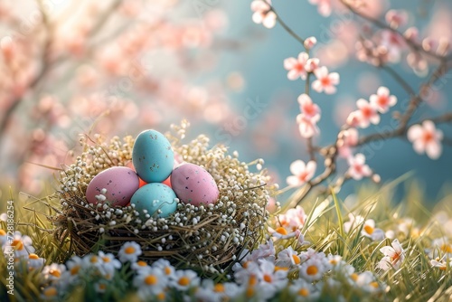 Colorful easter eggs in nest on grass with spring flowers background