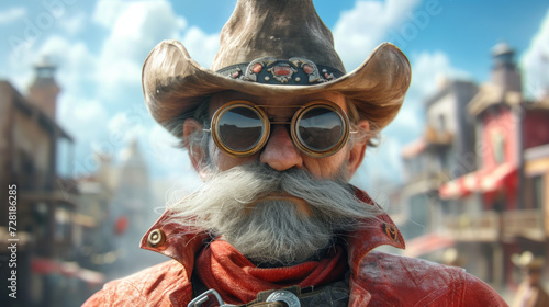 Wild west, western concept. Sheriff in red suit, sunglasses and cowboy hat photo