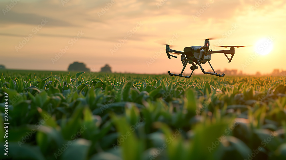 Um drone agrícola equipado com tecnologia de  I A monitorando a saúde das plantações e fornecendo dados em tempo real para a agricultura de precisão e otimização do rendimento