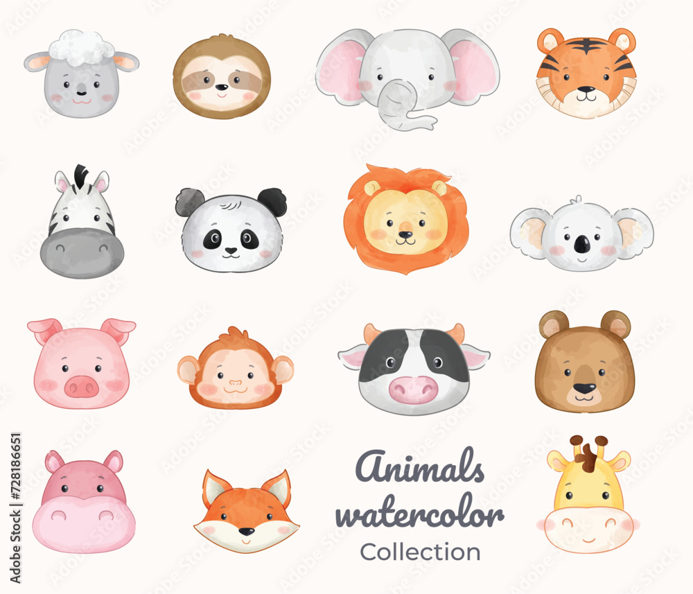cartoon animals head watercolors series