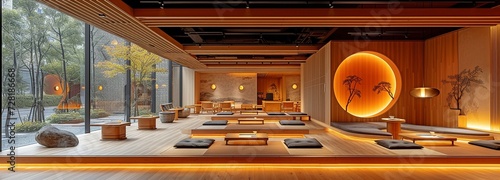 The enclosed seating area of Japanese Grilled Skewer Restaurant. Oak wood texture was used mostly for decoration. minimalistic home décor