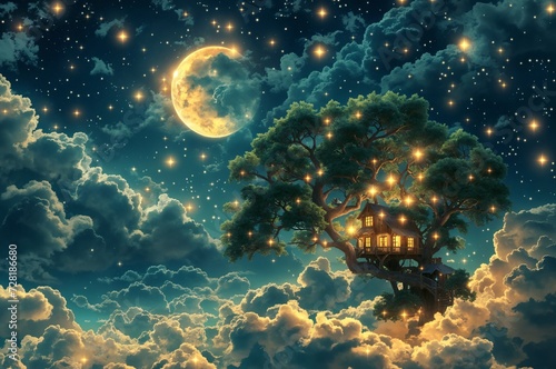Fantasy landscape with house on the tree and full moon in the sky