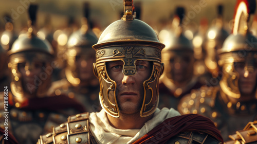 Fotografia Ancient roman commander with his army on the battlefield preparing for war