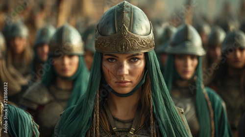 Ancient brave female ottoman warriors ( Baciyan ) with helmets.