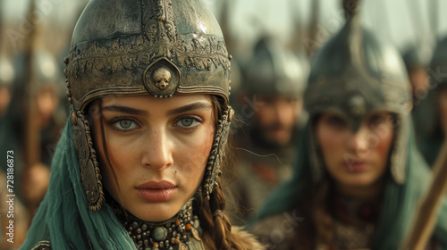 Ancient brave female ottoman warriors ( Baciyan ) with helmets.