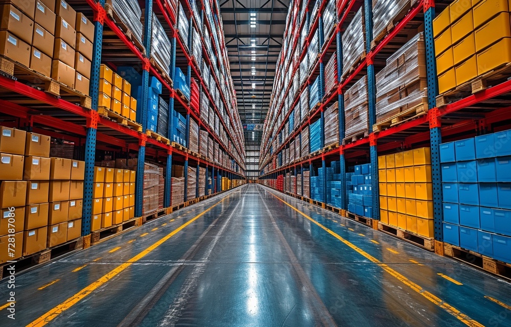 Goods boxes arranged in rows on shelves in a contemporary industry warehouse store at factory warehouse storage