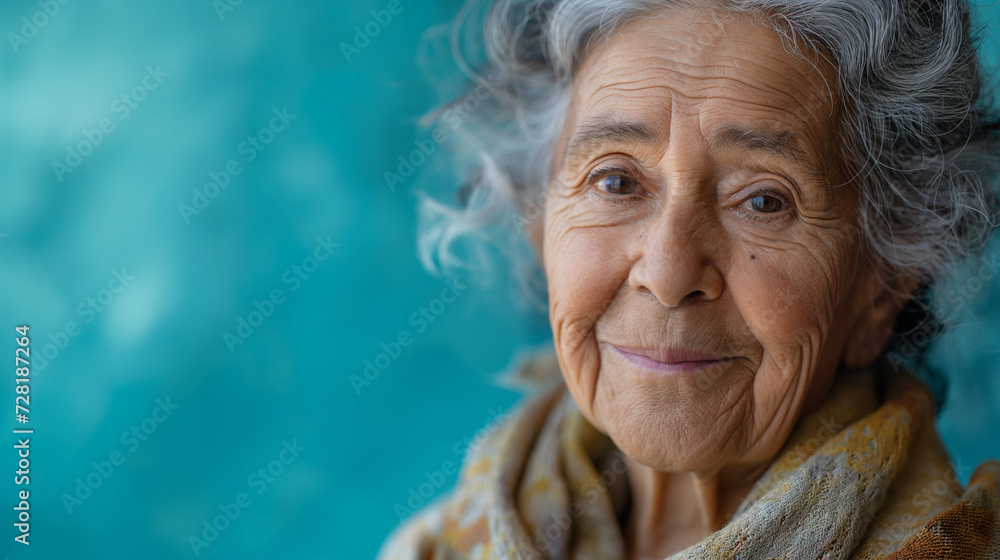 a happy gray haired ethnic elderly woman with a beautiful white smile on blue background. stock photo a happy gray haired ethnic elderly woman with a beautiful white smile on blue background. stock photo