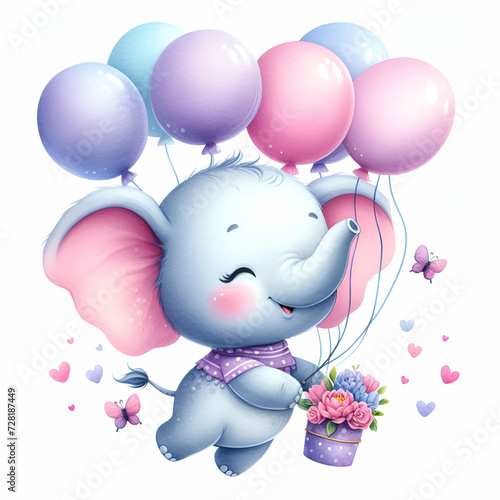 watercolor Light pink cute little elephant floating in the air with balloons on white background