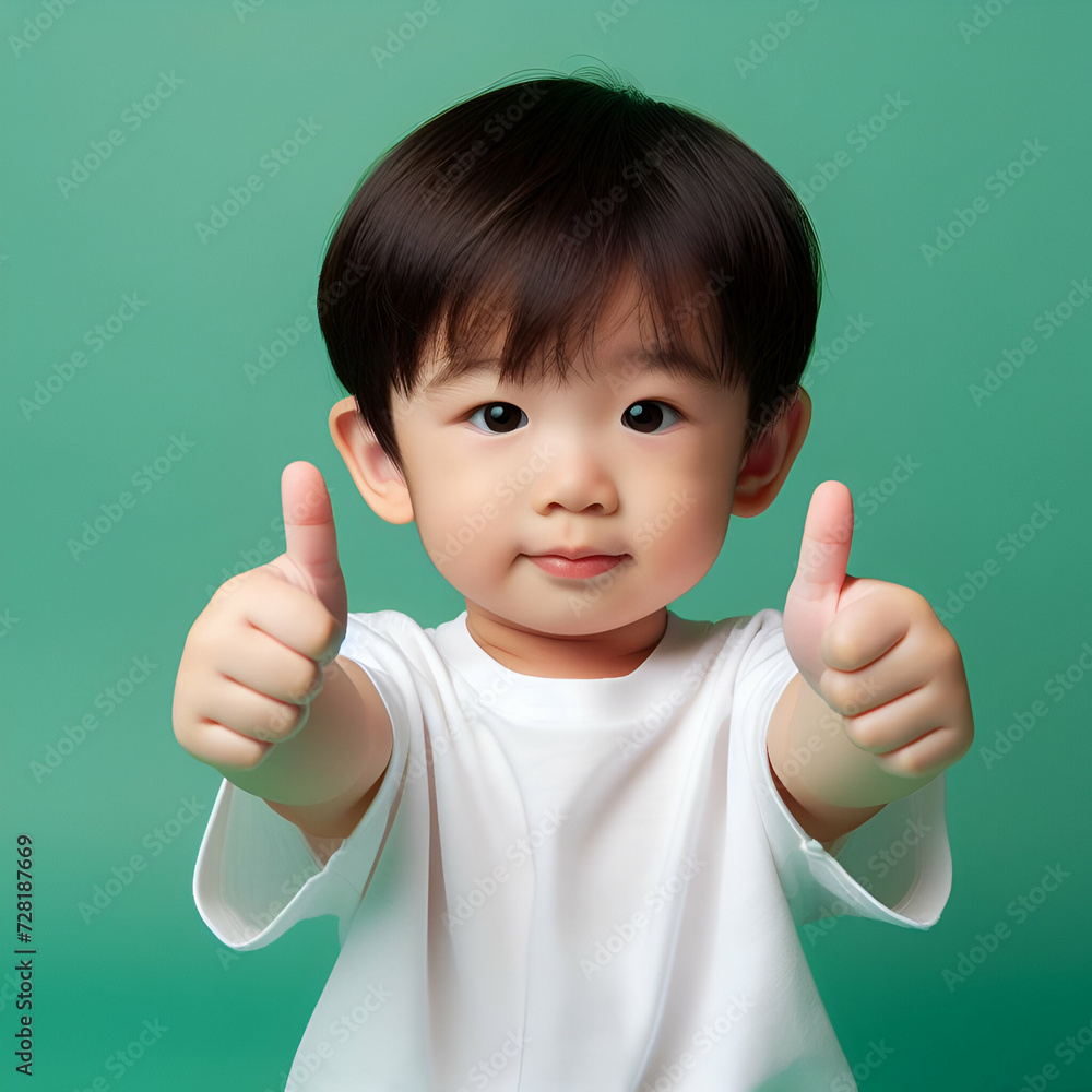 a asian toddler giving a thumbs up on green background, banner concept a asian toddler giving a thumbs up on green background, banner concept