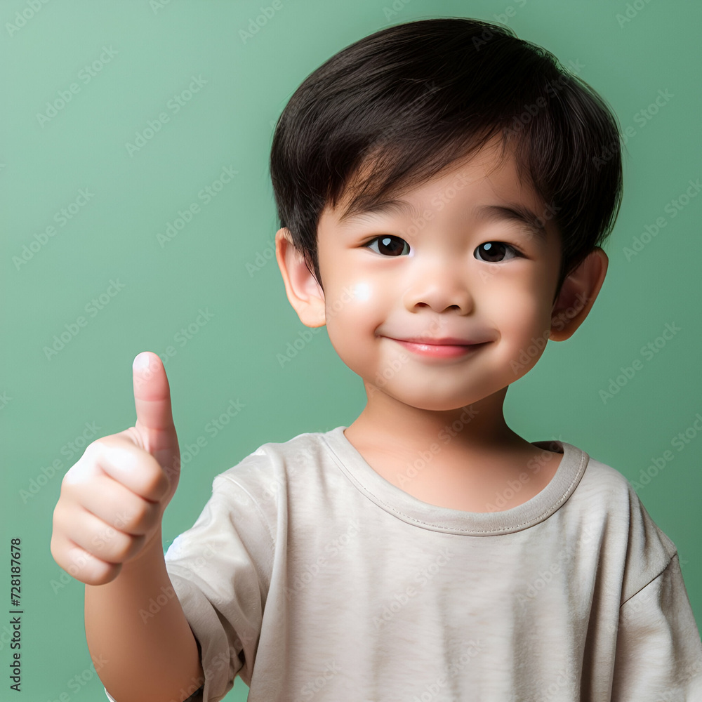 a asian toddler giving a thumbs up on green background, banner concept a asian toddler giving a thumbs up on green background, banner concept