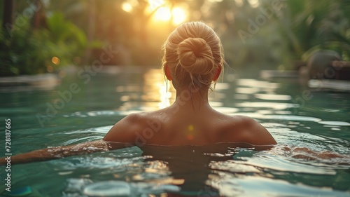 A young woman relaxing in a swimming pool during her morning vacation. © tongpatong