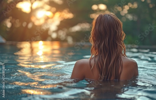 A young woman relaxing in a swimming pool during her morning vacation.