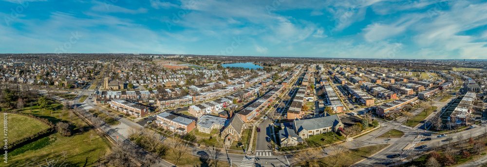 Aerial view of typical brick facade Baltimore row houses in Montebello neighborhood