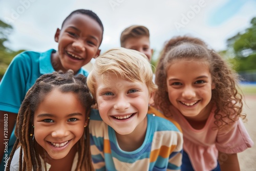 Group of diverse cheerful fun happy multiethnic children outdoors at the schoolyard	