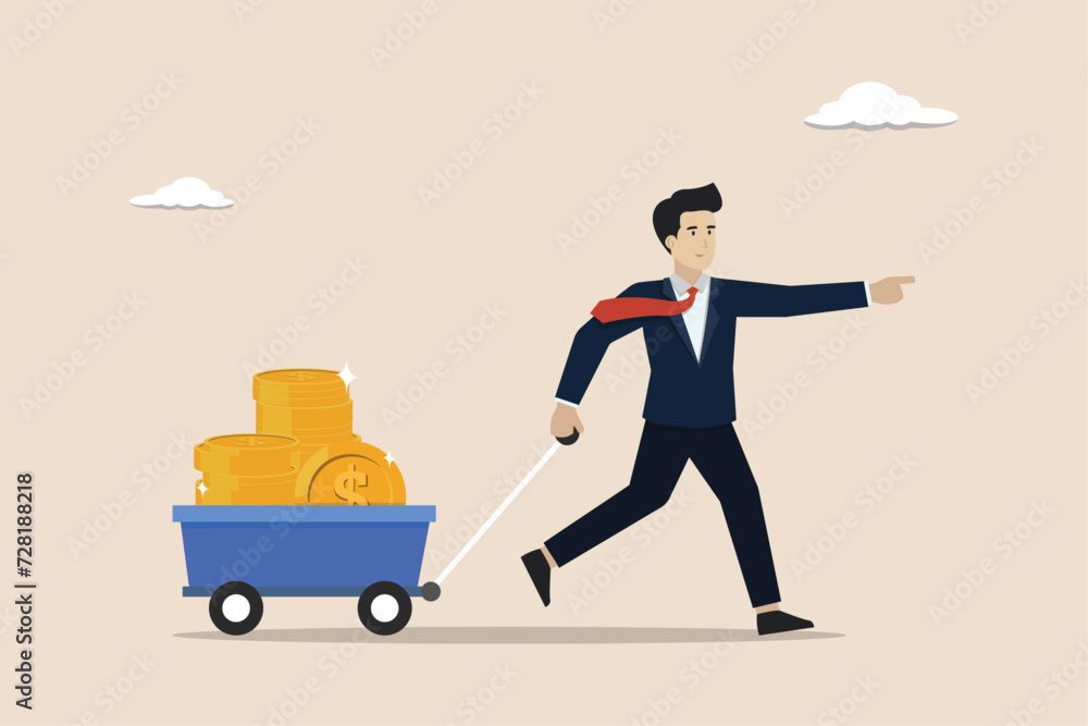 Investment growth, wealth management or savings to gain interest, passive income or harvest profit or dividend, earning money or prosperity concept, businessman carrying piles of money. Investment growth, wealth management or savings to gain interest, passive income or harvest profit or dividend, earning money or prosperity concept, businessman carrying piles of money.