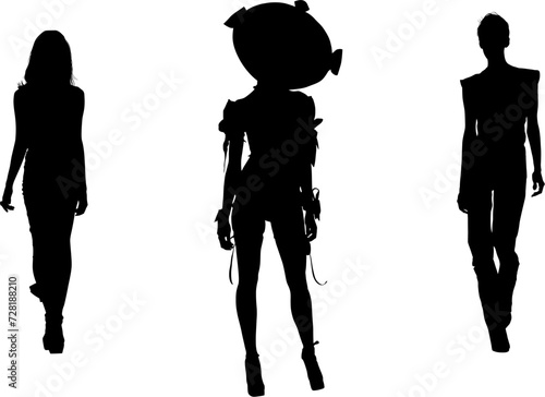 silueta, gente, mujer, ilustración, par, vector, moda, negro, pasarela