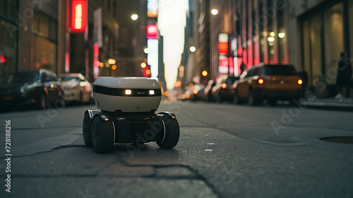 Um robô de entrega autônomo navegando por ruas urbanas movimentadas destacando o papel da robótica no processo de entrega de última milha photo
