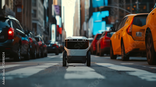 Um robô de entrega autônomo navegando por ruas urbanas movimentadas destacando o papel da robótica no processo de entrega de última milha