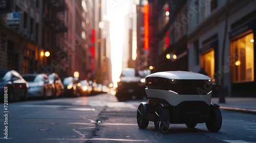 Um robô de entrega autônomo navegando por ruas urbanas movimentadas destacando o papel da robótica no processo de entrega de última milha