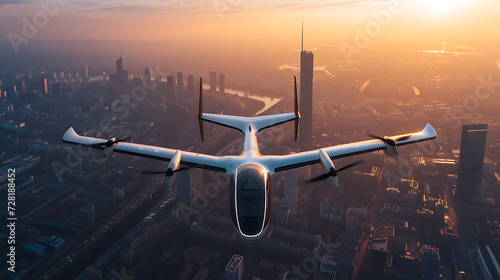 Uma aeronave elétrica de decolagem e pouso vertical e V T O L em voo representando a evolução da mobilidade aérea urbana e transporte ecologicamente correto
