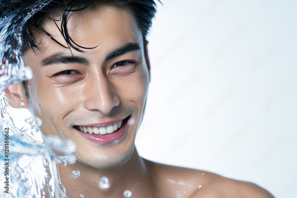 水しぶきと日本人男性のスキンケアイメージ（化粧水・洗顔・美肌・スキンケアモデル）