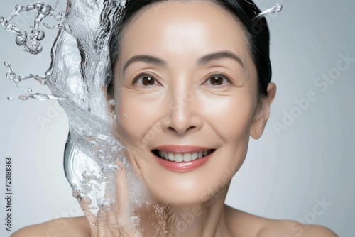 水しぶきと年配の日本人女性のスキンケアイメージ（おばさん・おばあさん・化粧水・洗顔・美肌・スキンケアモデル）