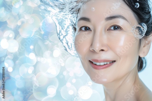 水しぶきと年配の日本人女性のスキンケアイメージ（おばさん・おばあさん・化粧水・洗顔・美肌・スキンケアモデル）
