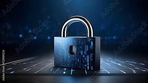 Cybersecurity technology: Digital padlock guarding computing systems against fraud and protecting privacy data in a dark blue backdrop