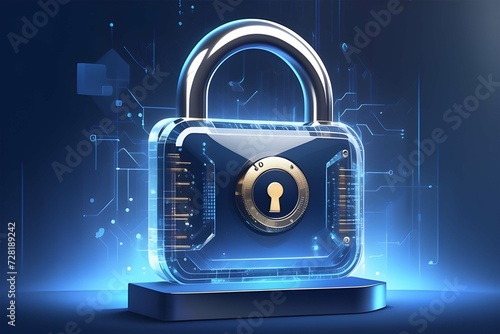 Cybersecurity technology: Digital padlock guarding computing systems against fraud and protecting privacy data in a dark blue backdrop