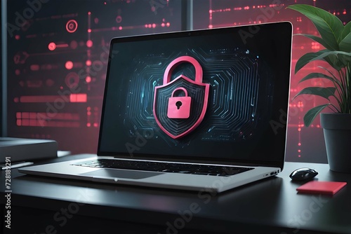 Cybersecurity technology: Digital padlock guarding computing systems against fraud and protecting privacy data in a dark blue backdrop