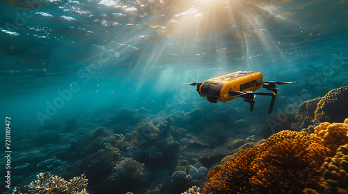 Drones autônomos subaquáticos mapeando e estudando ecossistemas oceânicos contribuindo para pesquisa em biologia marinha e conservação ambiental photo
