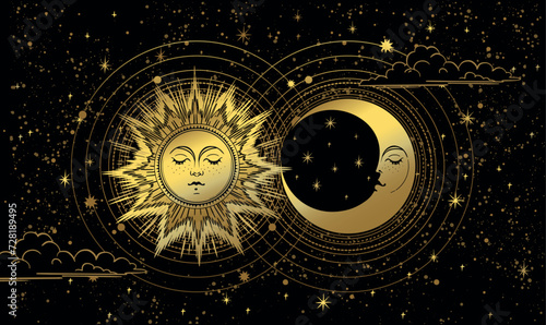 Golden sun and moon on black night sky background, mystical astrology banner, celestial tarot print for witch. Zodiac vector illustration, future prediction, horoscope.