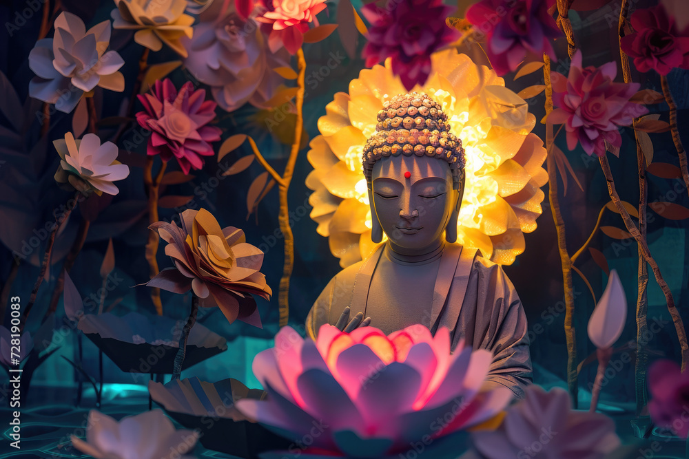 glowing golden buddha with crystal paper cut flowers and halo chakra light around head