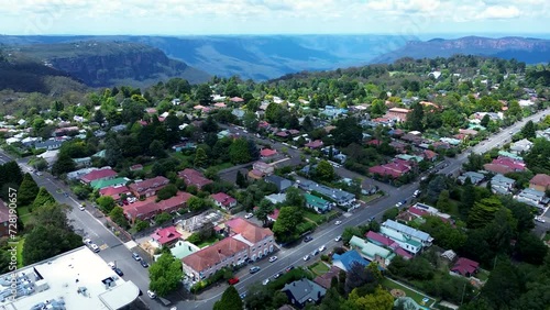 Drone aerial of Katoomba main town centre residential streets neighbourhood suburbs roads infrastructure Blue Mountains NSW Australia photo