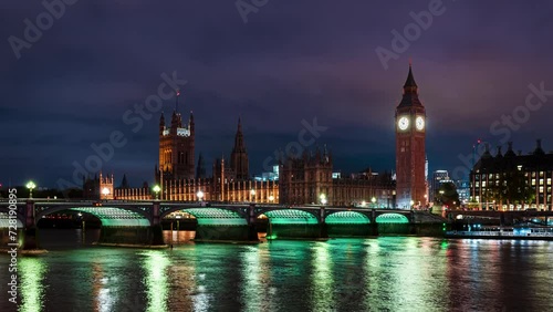 Timelapse of Big Ben and Westmister Bridge at night, London, UK. photo