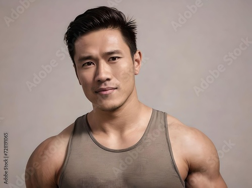Cute and Handsome Muscle Asian Guy in Tank Top Looking at Camera Isolated on Wall Background Portrait
