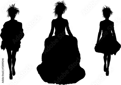 silueta, gente, mujer, ilustración, par, vector, moda, negro, pasarela