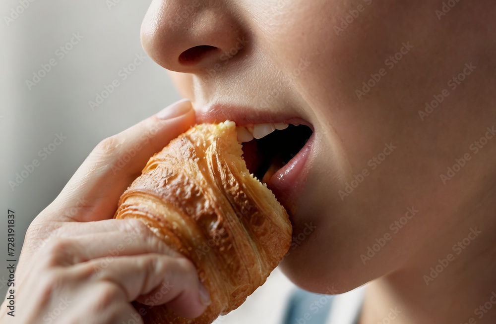 Cropped woman face eating croissant
