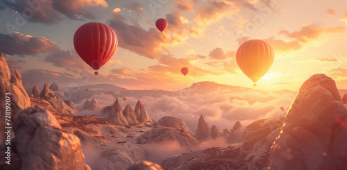 hot air balloons flying over the rocks at a beautiful sunrise