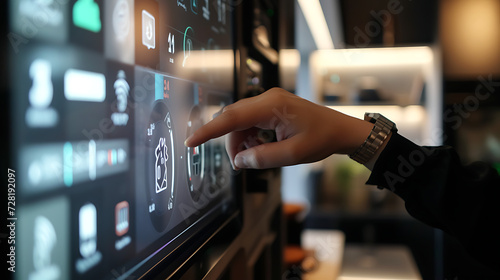 Um close de um usuário interagindo com um painel de controle de automação residencial inteligente gerenciando e monitorando vários dispositivos conectados para uma casa inteligente photo
