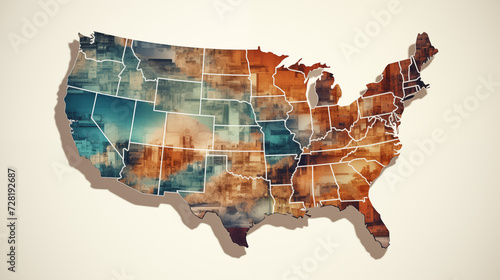 Map states of USA map with states texture brown paper surface  isolated on a white background. United States of America map, style retro vintage  background,usa map ai concept. photo