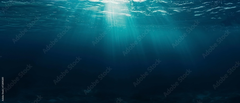 Fototapeta premium underwater front view of blue water ocean with natural sun light