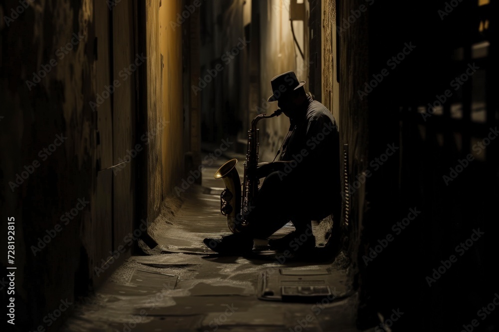 a lonely male musician rehearsing a saxophone in a small alley at night in an old town