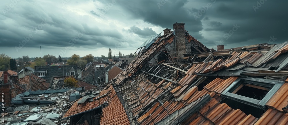 Broken Rooftops Reconstructed After Devastating Storm - obrazy, fototapety, plakaty 