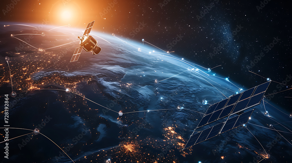Uma constelação de satélites em órbita terrestre formando uma rede de internet via satélite para fornecer conectividade de internet de alta velocidade global