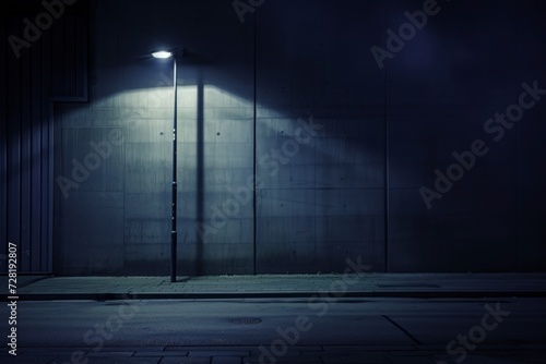 an empty concrete wall with a street lamp in a dark night street